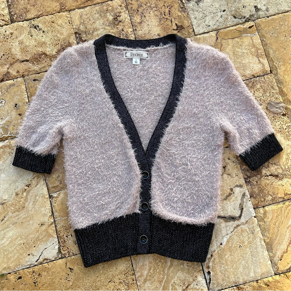 Decree Fuzzy Pink and Black Cropped Cardigan